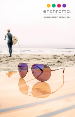 ECP Atlas sunglasses resting on surfboard at beach